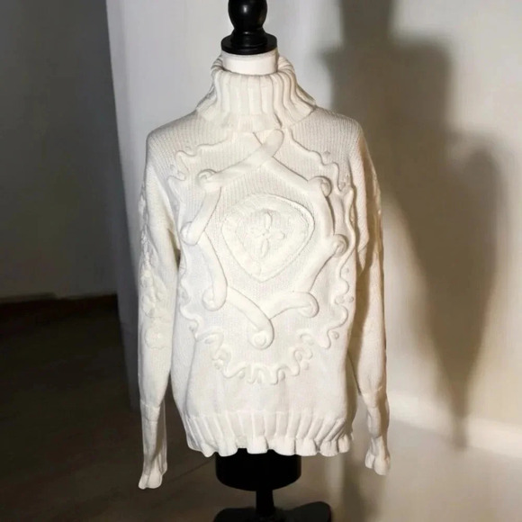 Vintage 80s Evian White Cable Knit Sweater Embossed Monogram Design Turtleneck - Picture 1 of 7